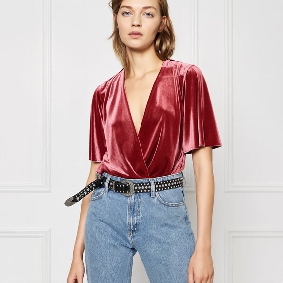 Zara Women’s Velvet Burgundy Bodysuit Blouse - Picture 1 of 6